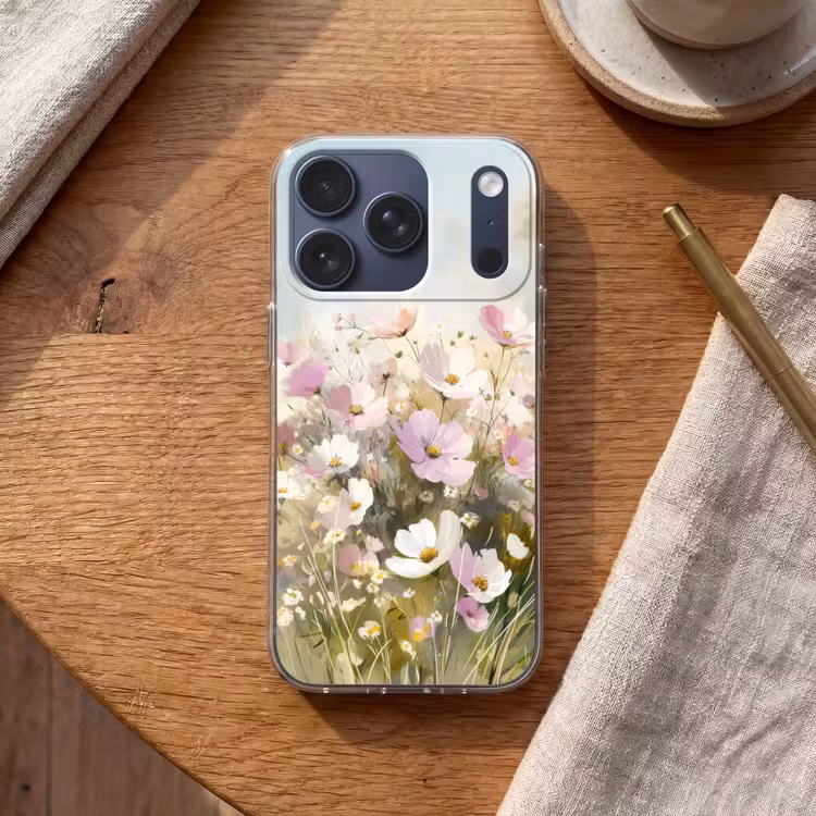 Bloemenveld - Lichte tinten - Geschilderd Telefoonhoesje iPhone 17 Pro klein -sfeer1