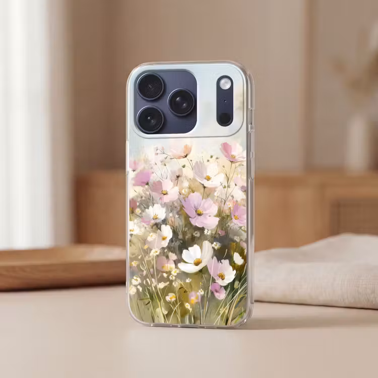 Bloemenveld - Lichte tinten - Geschilderd Telefoonhoesje iPhone 17 Pro klein -sfeer2
