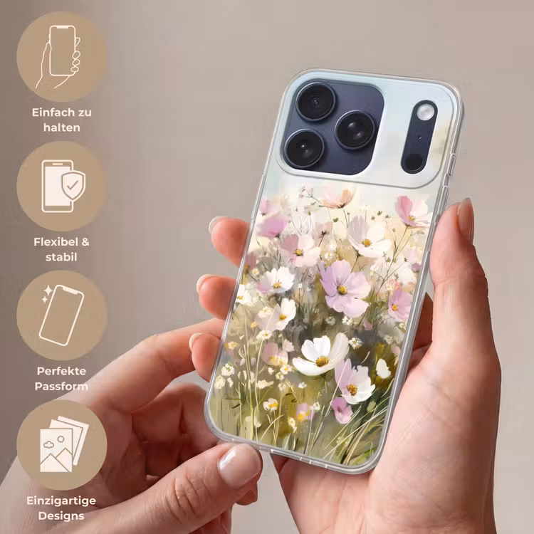 Bloemenveld - Lichte tinten - Geschilderd Telefoonhoesje iPhone 17 Pro klein -sfeer3_DE