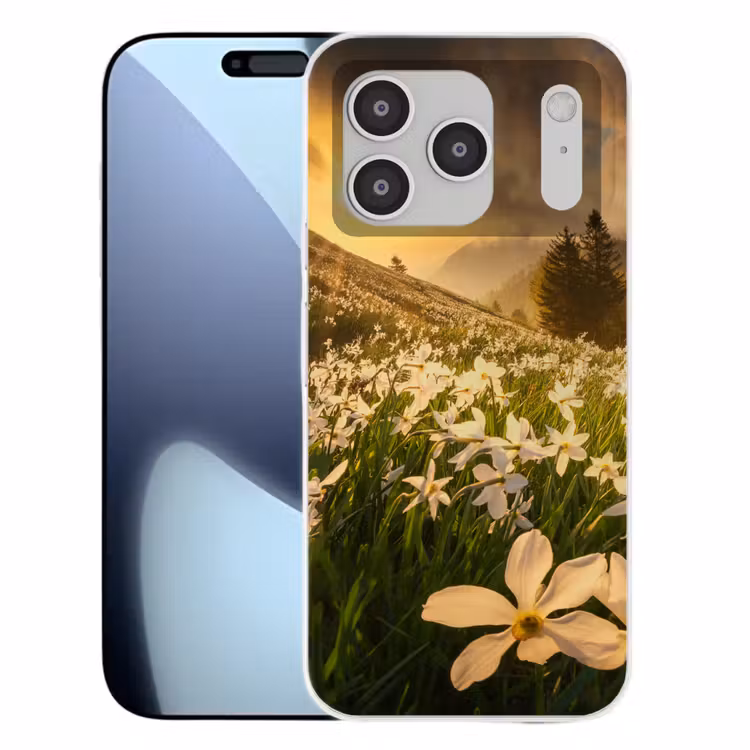 Bloemenveld - Heuvels - Zonsondergang - Berg - Natuur - Wit - Heuvels Telefoonhoesje iPhone 17 Pro klein -3d