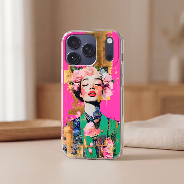 Bloemenkroon - Goud - Vrouw - Portret Telefoonhoesje iPhone 17 Pro klein -sfeer2