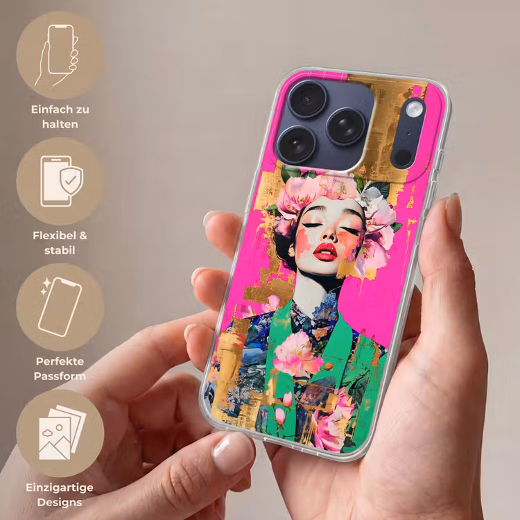 Bloemenkroon - Goud - Vrouw - Portret Telefoonhoesje iPhone 17 Pro klein -sfeer3_DE