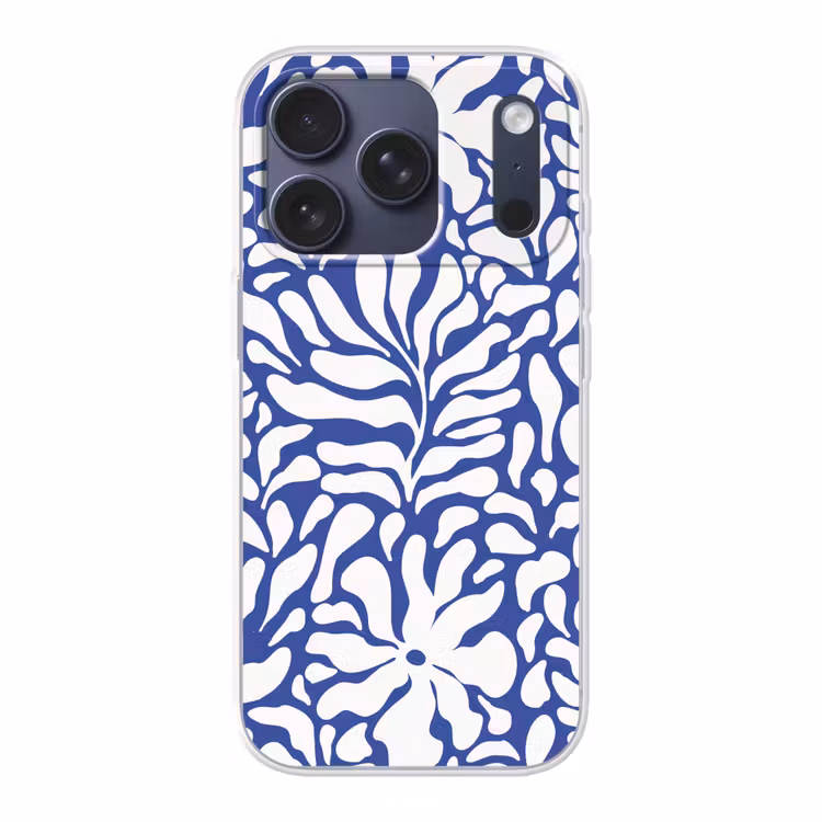 Bloemen patroon - Blauw - Wit - Bladeren Telefoonhoesje iPhone 17 Pro klein -3d