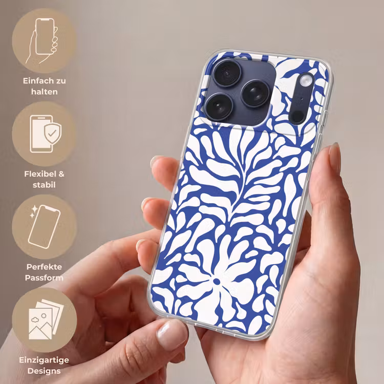 Bloemen patroon - Blauw - Wit - Bladeren Telefoonhoesje iPhone 17 Pro klein -sfeer3_DE