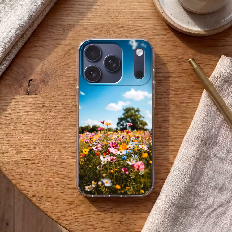 Bloemenweide - Blauw - Lucht - Kleuren Telefoonhoesje iPhone 17 Pro klein -sfeer1