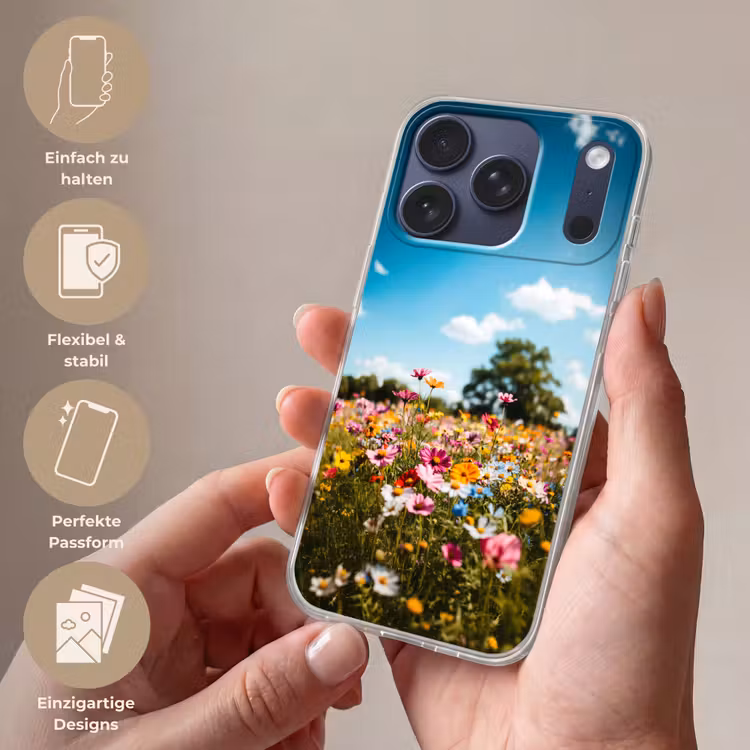 Bloemenweide - Blauw - Lucht - Kleuren Telefoonhoesje iPhone 17 Pro klein -sfeer3_DE