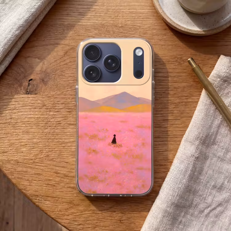 Bloemenweide - Heuvels - Silhouet - Roze Telefoonhoesje iPhone 17 Pro klein -sfeer1