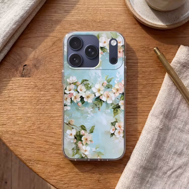 Bloesem - Bladeren - Lichtblauw Telefoonhoesje iPhone 17 Pro klein -sfeer1