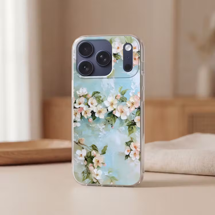 Bloesem - Bladeren - Lichtblauw Telefoonhoesje iPhone 17 Pro klein -sfeer2