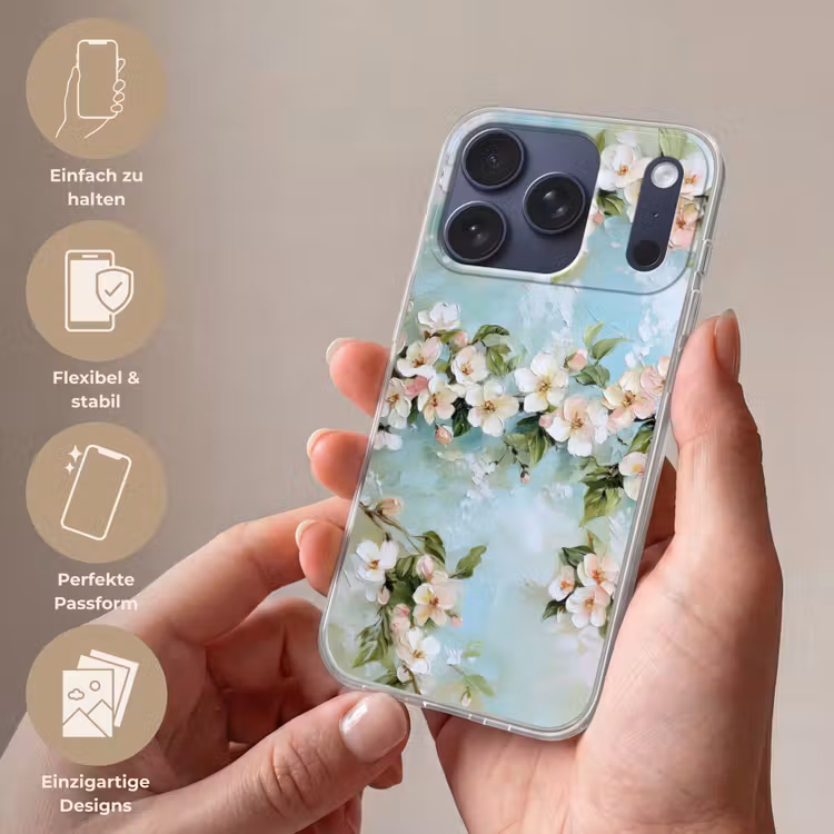 Bloesem - Bladeren - Lichtblauw Telefoonhoesje iPhone 17 Pro klein -sfeer3_DE
