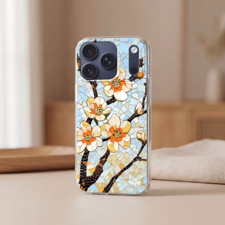 Bloesems - Wit - Mozaïek - Tak Telefoonhoesje iPhone 17 Pro klein -sfeer2