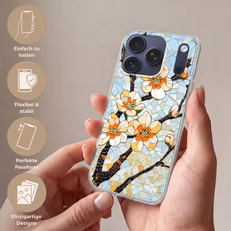 Bloesems - Wit - Mozaïek - Tak Telefoonhoesje iPhone 17 Pro klein -sfeer3_DE