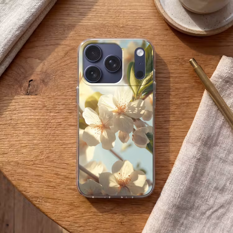 Bloesems - Wit - Zonnestralen -  Bloemblaadjes Telefoonhoesje iPhone 17 Pro klein -sfeer1