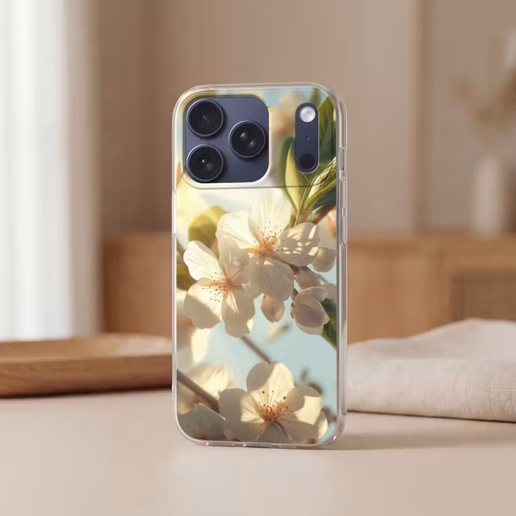 Bloesems - Wit - Zonnestralen -  Bloemblaadjes Telefoonhoesje iPhone 17 Pro klein -sfeer2