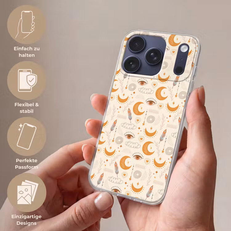 Boho - Print - Ogen - Maan - Veren - Beige Telefoonhoesje iPhone 17 Pro klein -sfeer3_DE