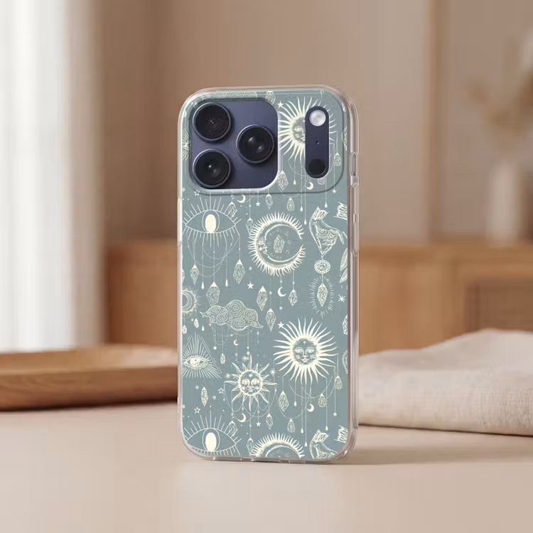 Boho - Print - Blauw - Zon - Ogen - Zen Telefoonhoesje iPhone 17 Pro klein -sfeer2