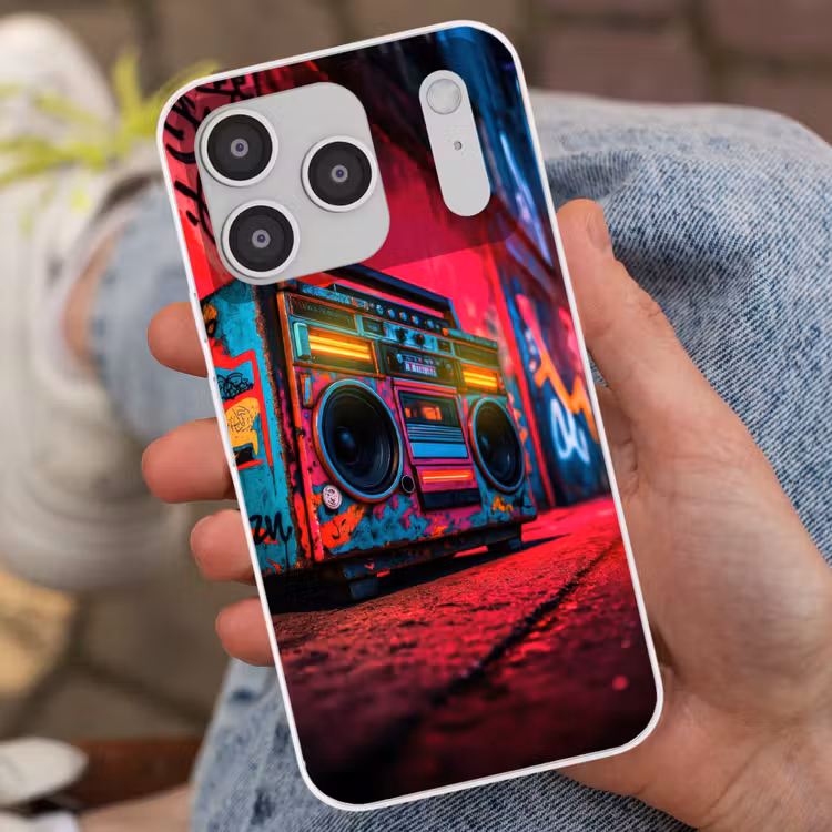 Boombox - Rood - Graffiti - Neon Telefoonhoesje iPhone 17 Pro klein -sfeer2