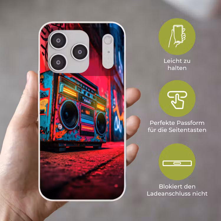 Boombox - Rood - Graffiti - Neon Telefoonhoesje iPhone 17 Pro klein -sfeer3_DE