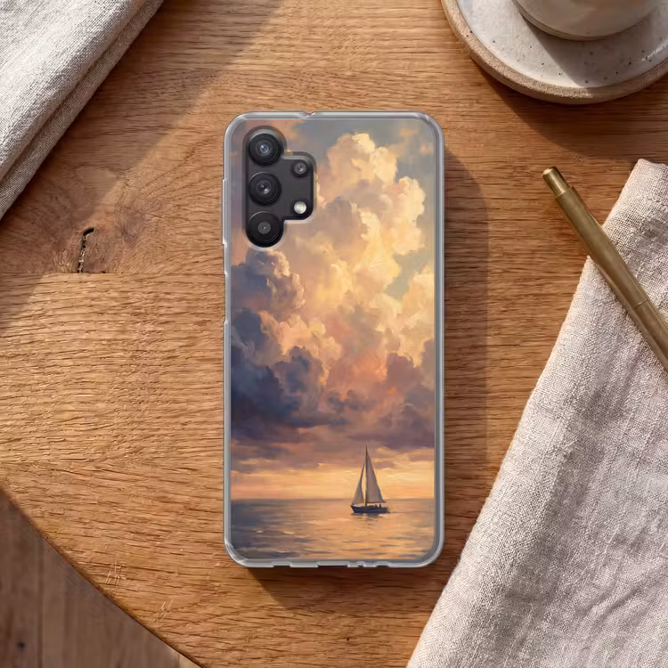 Boot - Zonsondergang - Zee - Natuur - Goud Telefoonhoesje Samsung Galaxy A32 5G klein -sfeer1