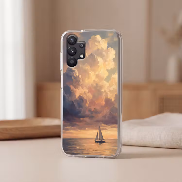Boot - Zonsondergang - Zee - Natuur - Goud Telefoonhoesje Samsung Galaxy A32 5G klein -sfeer2