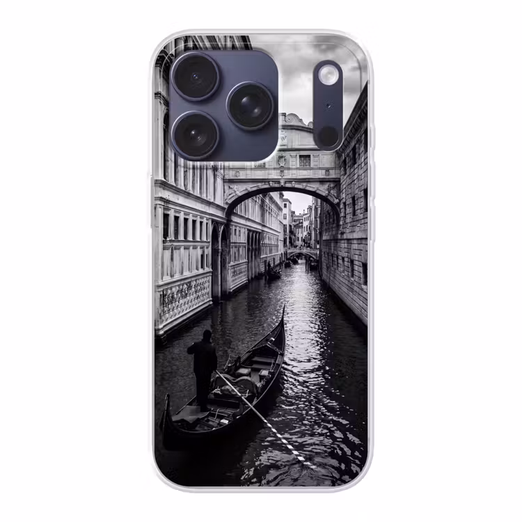Boot - Waterweg - Stad - Zwart-wit - Architectuur Telefoonhoesje iPhone 17 Pro klein -3d