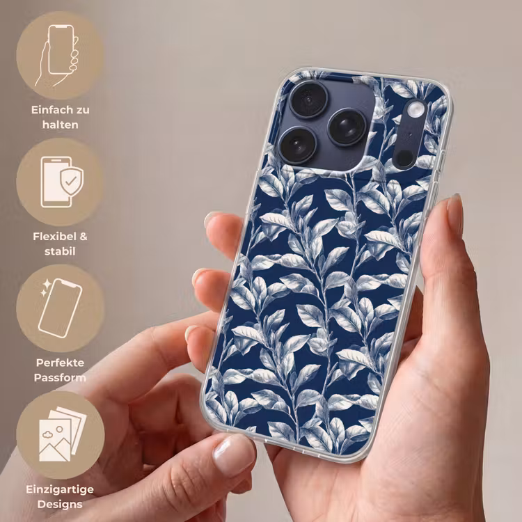 Botanisch - Patroon - Blauw Telefoonhoesje iPhone 17 Pro klein 878 -sfeer3_DE