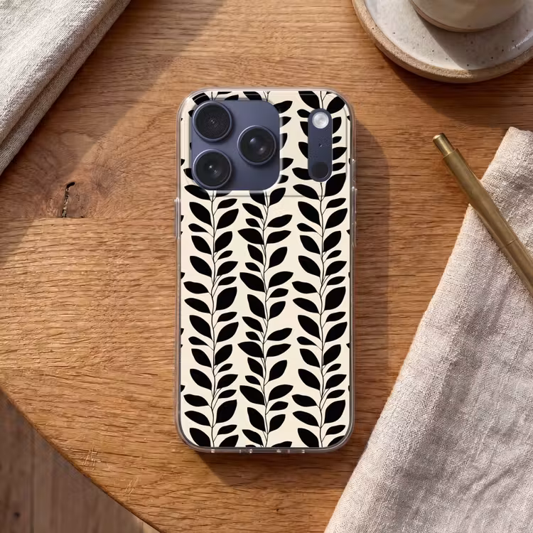 Botanisch - Dessin - Zwart - Beige Telefoonhoesje iPhone 17 Pro klein 878 -sfeer1