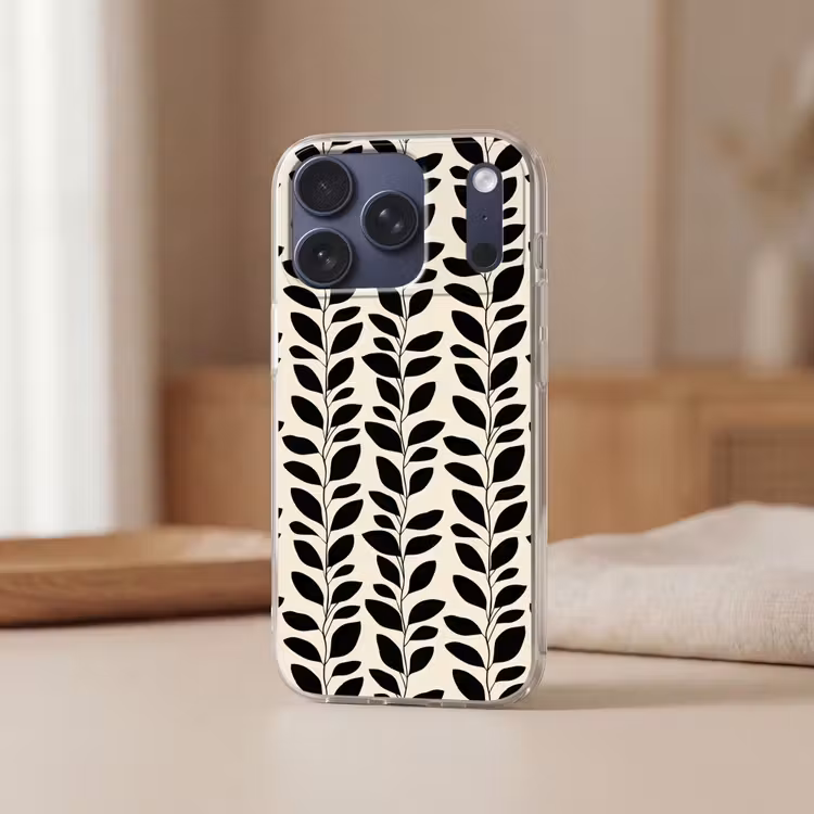 Botanisch - Dessin - Zwart - Beige Telefoonhoesje iPhone 17 Pro klein 878 -sfeer2