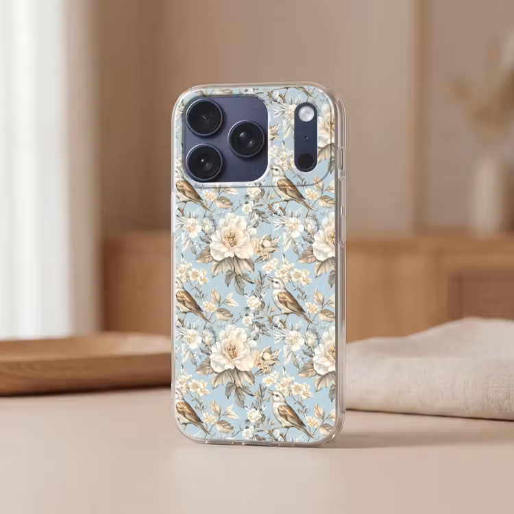 Botanisch - Zangvogel - Blauw Telefoonhoesje iPhone 17 Pro klein 878 -sfeer2