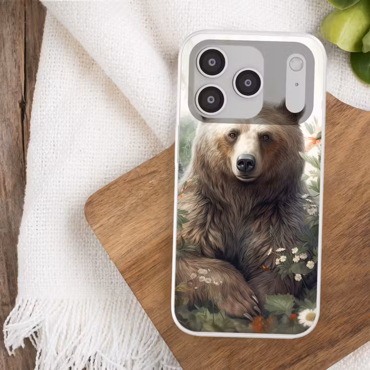 Bruine beer - Wilde dieren - Bloemen - Planten Telefoonhoesje iPhone 17 Pro klein -sfeer1