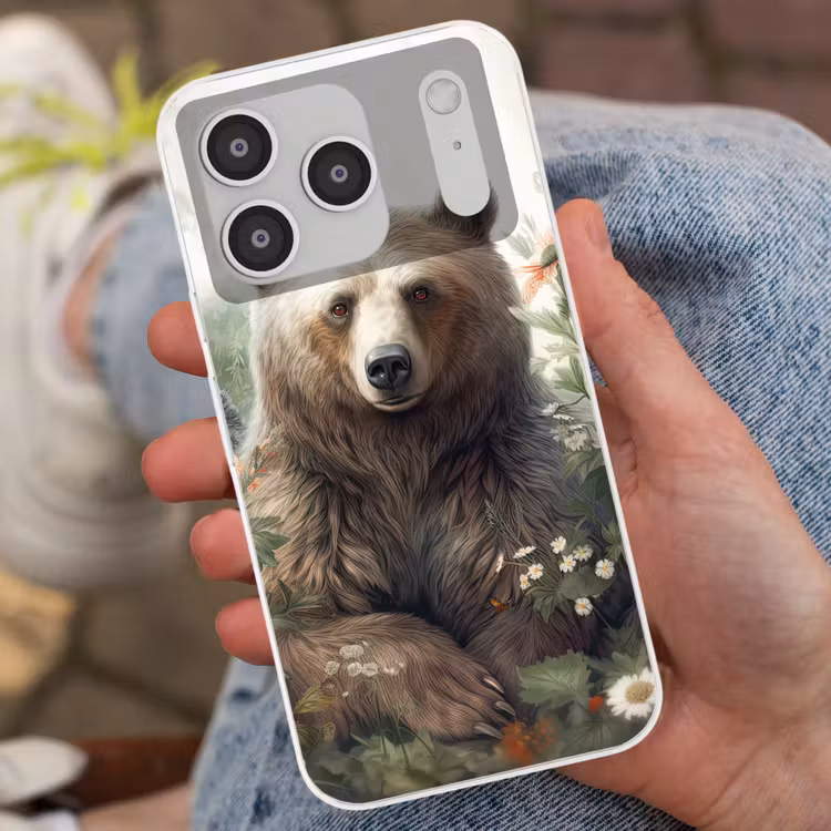 Bruine beer - Wilde dieren - Bloemen - Planten Telefoonhoesje iPhone 17 Pro klein -sfeer2