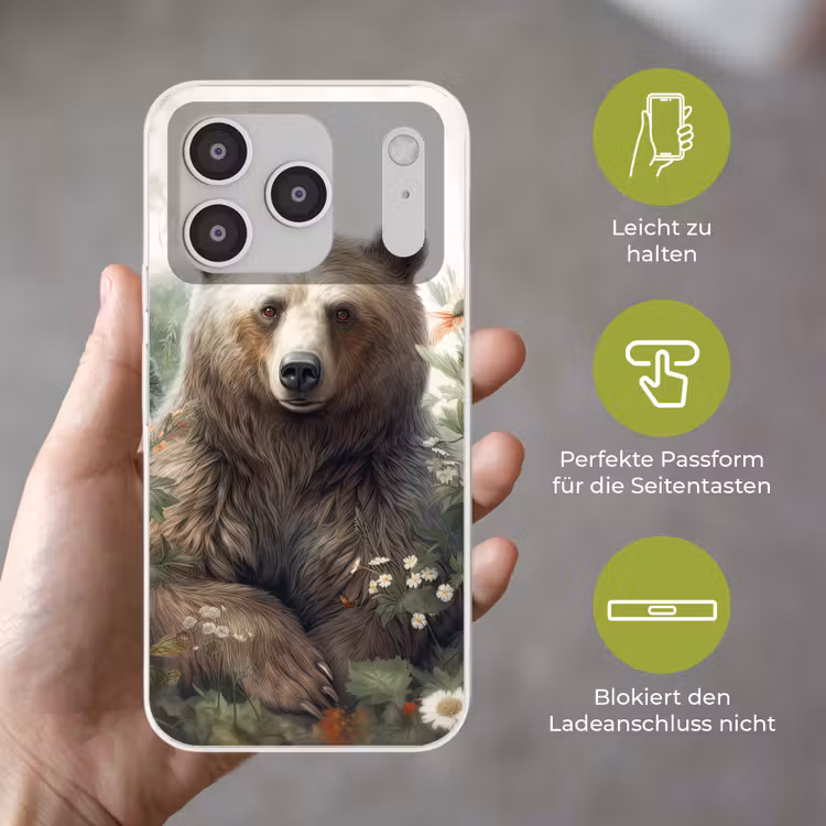 Bruine beer - Wilde dieren - Bloemen - Planten Telefoonhoesje iPhone 17 Pro klein -sfeer3_DE