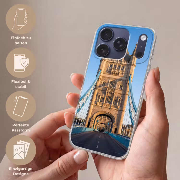 Brug - Toren - Architectuur - Klassiek - Blauw Telefoonhoesje iPhone 17 Pro klein -sfeer3_DE