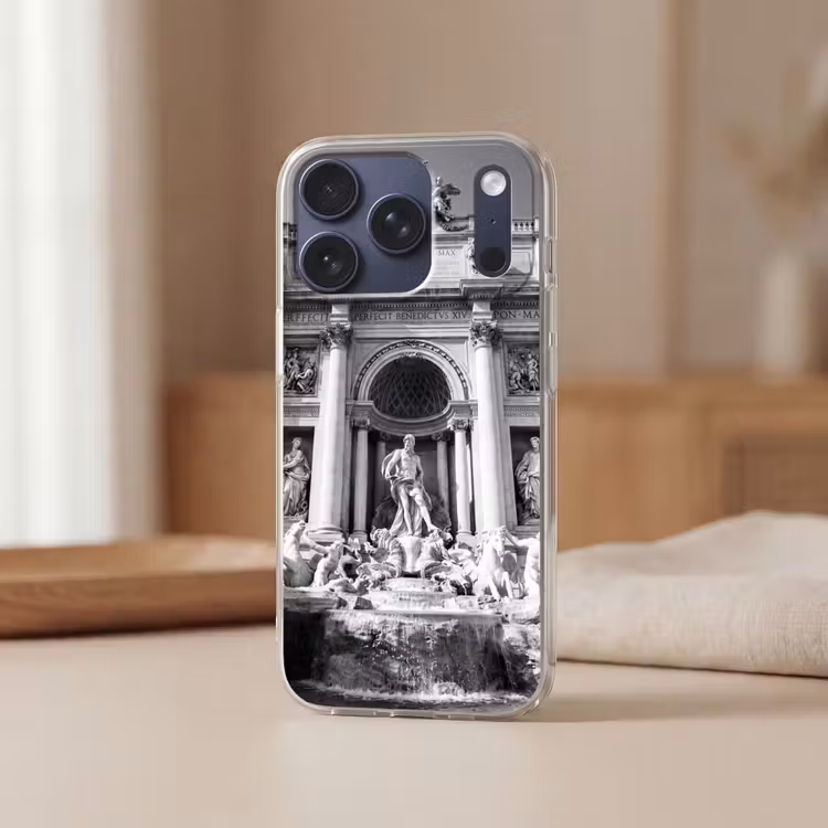 Fontein - Beelden - Architectuur - Zwart-wit Telefoonhoesje iPhone 17 Pro klein -sfeer2