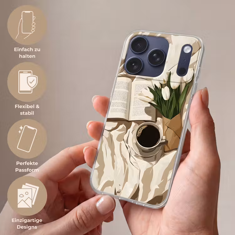 Boek - Illustratie - Tulpen - Koffie Telefoonhoesje iPhone 17 Pro klein -sfeer3_DE