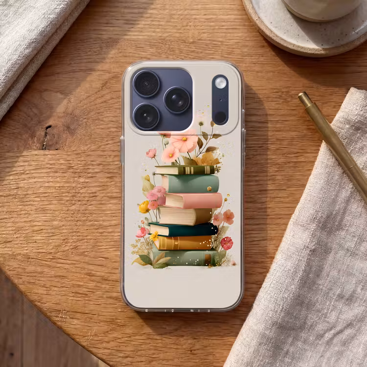 Boeken - Stapel - Bloemen - Kleurrijk Telefoonhoesje iPhone 17 Pro klein -sfeer1