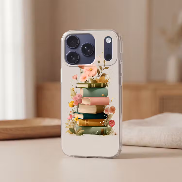 Boeken - Stapel - Bloemen - Kleurrijk Telefoonhoesje iPhone 17 Pro klein -sfeer2