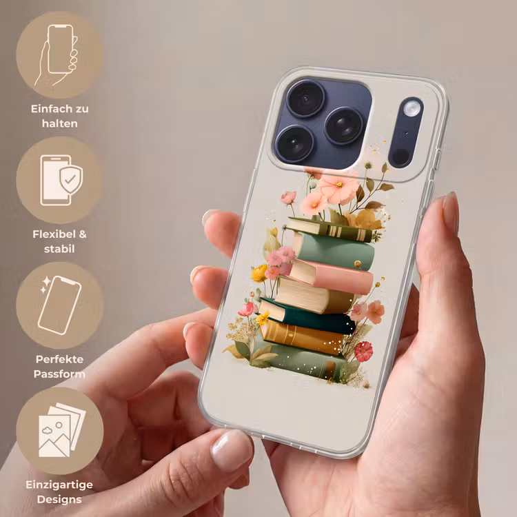 Boeken - Stapel - Bloemen - Kleurrijk Telefoonhoesje iPhone 17 Pro klein -sfeer3_DE