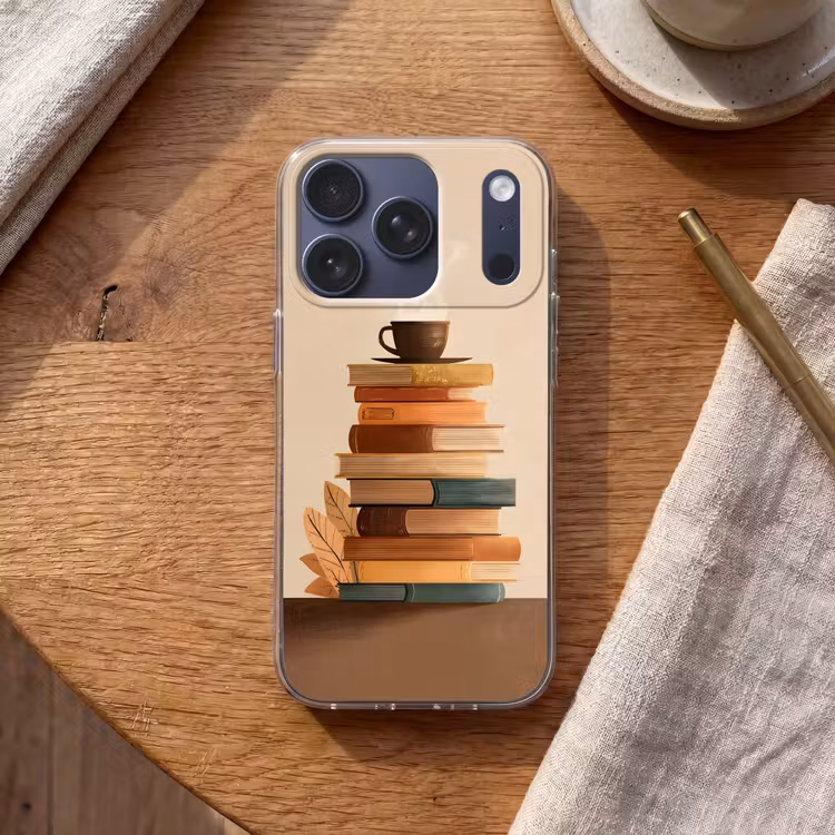 Boeken - Toren - Koffie - Beige Telefoonhoesje iPhone 17 Pro klein -sfeer1