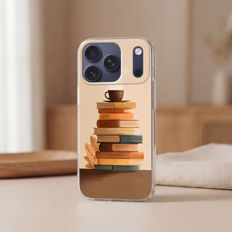 Boeken - Toren - Koffie - Beige Telefoonhoesje iPhone 17 Pro klein -sfeer2