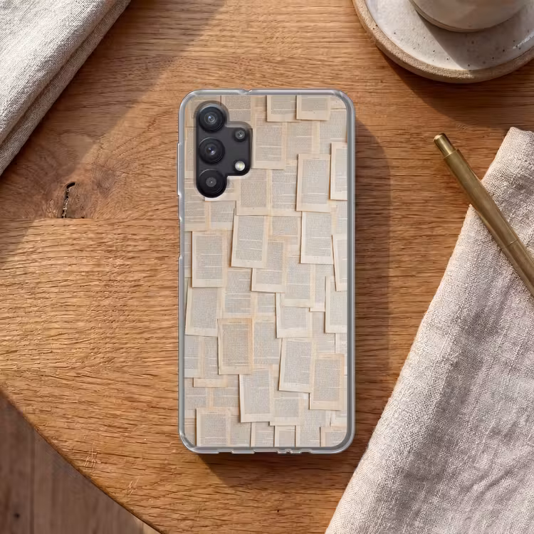 Boekpagina - Collage - Literatuur - Vintage - Beige Telefoonhoesje Samsung Galaxy A32 5G klein -sfeer1
