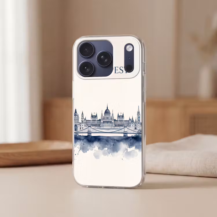 Boedapest - Skyline - Architectuur - Aquarel - Blauw Telefoonhoesje iPhone 17 Pro klein -sfeer2
