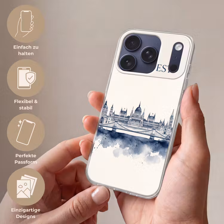 Boedapest - Skyline - Architectuur - Aquarel - Blauw Telefoonhoesje iPhone 17 Pro klein -sfeer3_DE