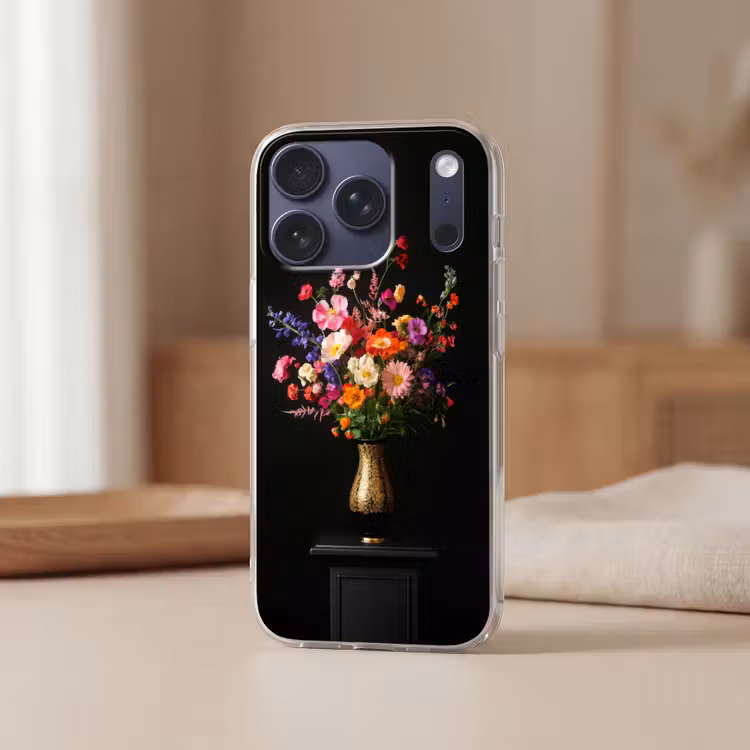 Kleurrijk - Boeket - Vaas - Goud Telefoonhoesje iPhone 17 Pro klein -sfeer2