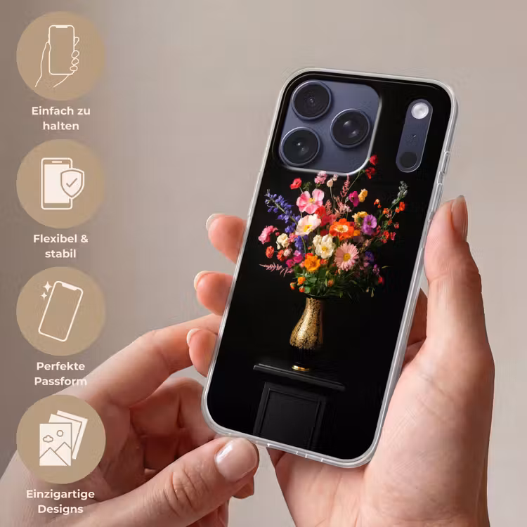 Kleurrijk - Boeket - Vaas - Goud Telefoonhoesje iPhone 17 Pro klein -sfeer3_DE