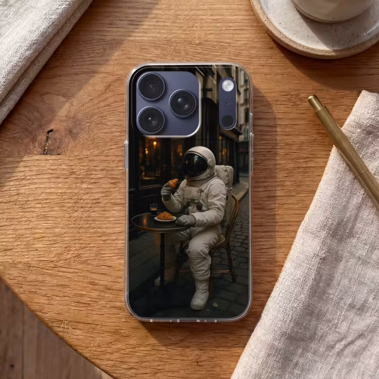 Café - Croissant - Koffie - Astronaut Telefoonhoesje iPhone 17 Pro klein -sfeer1