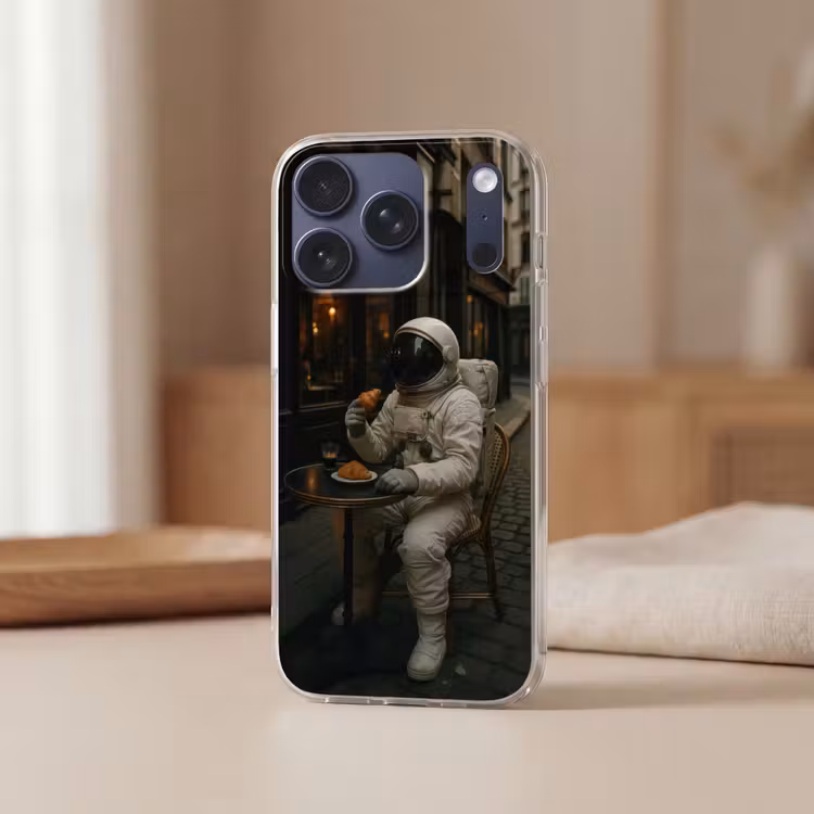 Café - Croissant - Koffie - Astronaut Telefoonhoesje iPhone 17 Pro klein -sfeer2