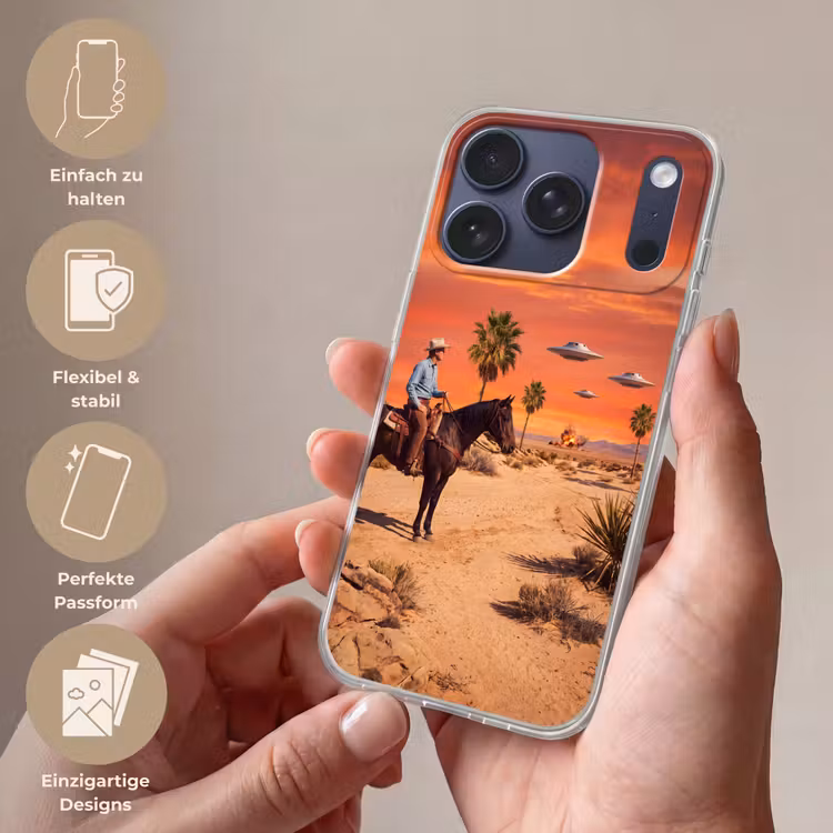 Handyhülle - Cowboy – Pferd – Wüste - Cowboy - Paard - Woestijn Telefoonhoesje iPhone 17 Pro klein