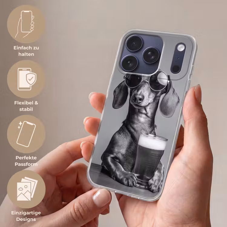Teckel - Bier - Glas - Bril Telefoonhoesje iPhone 17 Pro klein -sfeer3_DE