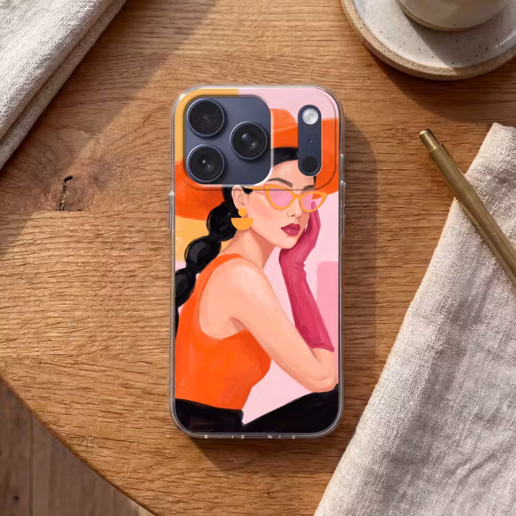 Vrouw - Hoed - Mode - Modern - Oranje Telefoonhoesje iPhone 17 Pro klein -sfeer1